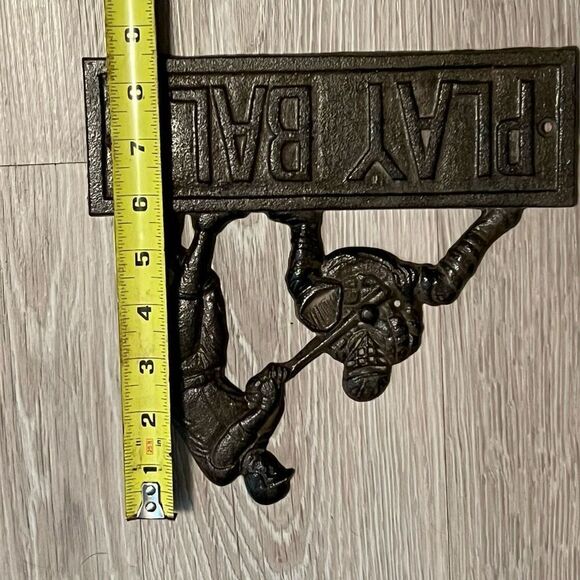 Baseball Black/Brown Cast Iron “PLAY BALL” Catcher Hitter 9” Wall Hanging Plaque - Picture 2 of 6